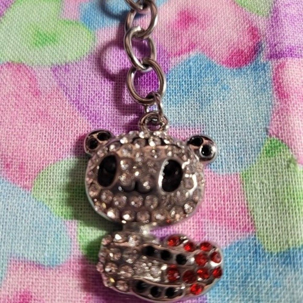 White Austrian Crystal And Enameled Panda Keychain In Stainless Steel